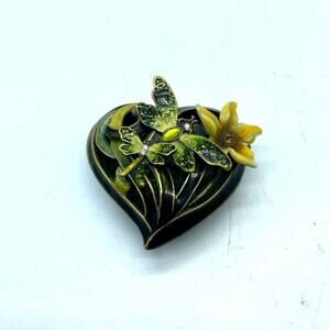 Green Heart Shaped Trinket Box Dragonflies‎ and Flower Enameled Rhinestones